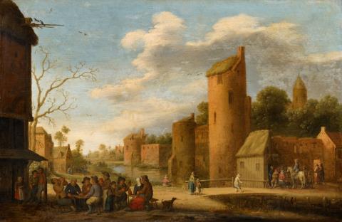 Joost Cornelisz. Droochsloot - Landscape with a Fortified Town and Peasants by a Tavern