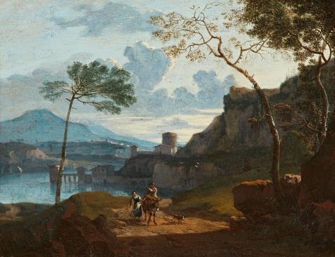 Karel Dujardin - Southern River Landscape with a Castle and Shepherds
