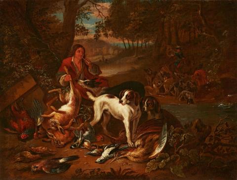 Adriaen de Gryef - Landscape with Hunters, Dogs, and Game