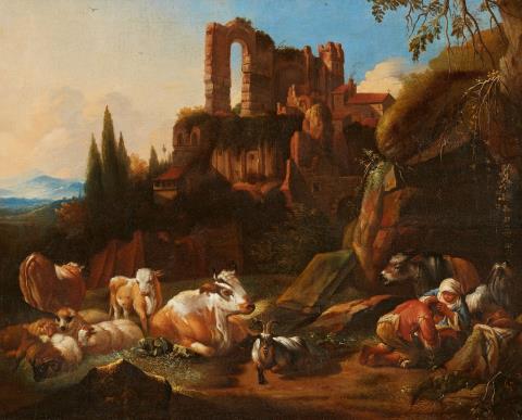 Johann Heinrich Roos - Italienische Landschaft mit ruhender Herde und Hirten