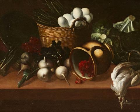 Spanischer Meister des 17. Jahrhunderts - Stillleben mit Korb, umgestürztem Krug und Gemüse