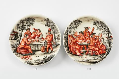 Ignaz Preissler - A Meissen porcelain saucer with a hunting party