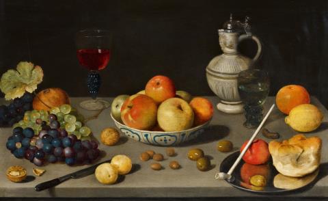 Floris van Dyck - Stillleben mit Trauben, Äpfeln, Nüssen, Oliven, Weingläsern und Siegburger Krug