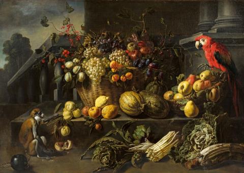 Adriaen van Utrecht - Stillleben mit Früchten, Gemüse und einem Papagei
