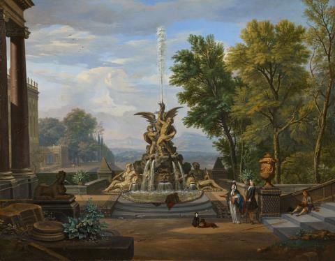 Isaac de Moucheron - Southern Park Landscape with a Fountain and Courting Couple