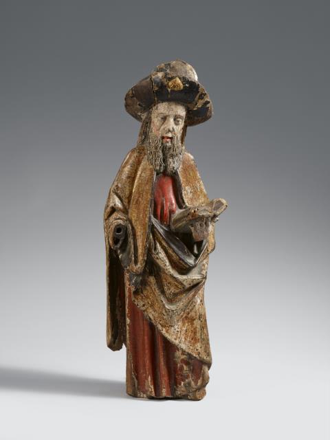  Alpenländisch - A carved wooden figure of Saint James, probably Alpine, 2nd half 15th century