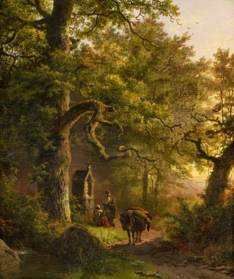 Barend Cornelis Koekkoek - Waldige Landschaft mit Andachtsbild