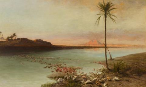 Wilhelm Gentz - Ägyptische Nillandschaft mit Flamingos und Pelikanen