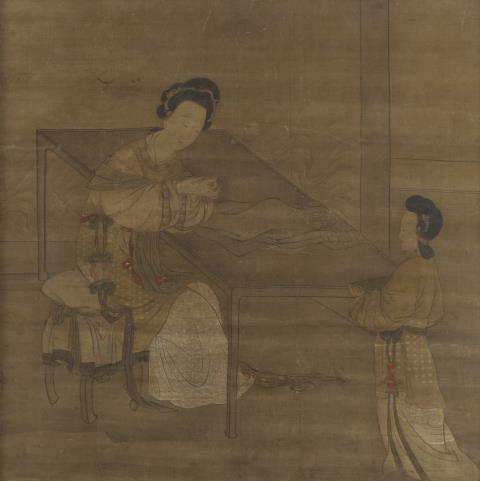 Anonymous painter . 18th century - Palace ladies at leisure. Ink and colour on silk. Inscribed Zhou Wenju.