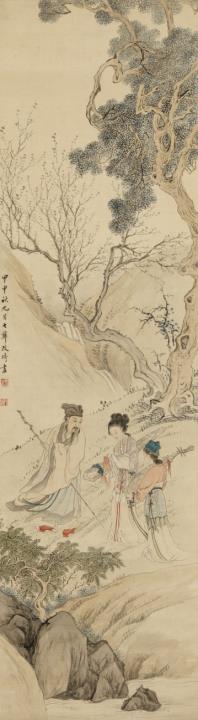 Qi Gai - Gelehrter und Dienerinnen. Hängerolle. Tusche und Farben auf Seide. Aufschrift, zyklisch datiert: jiashen (1824), bez.: Gai Qi und Siegel: Chen Qi zhi yin und Qi Xian.