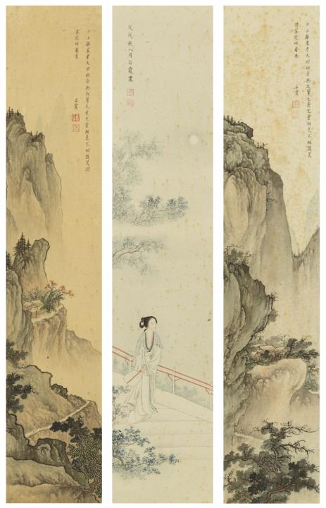 Shixia Tang - Drei Hängerollen. Tusche und Farben auf Seide. Sign.: Shixia und Siegel: Yi und Ying. a) Dame mit Fächer. b) und c) Landschaft. (3)