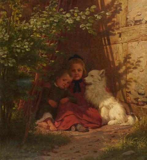Christian Eduard Boettcher - Two Children and a Dog sitting in the Shade