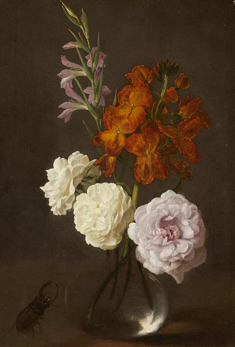  German School - Flower Still Life with Gladioli, Wallflowers, Roses, and a Stag Beetle