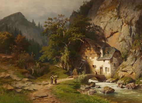 Joseph Jansen - Mountain Landscape with a Mill by a Stream