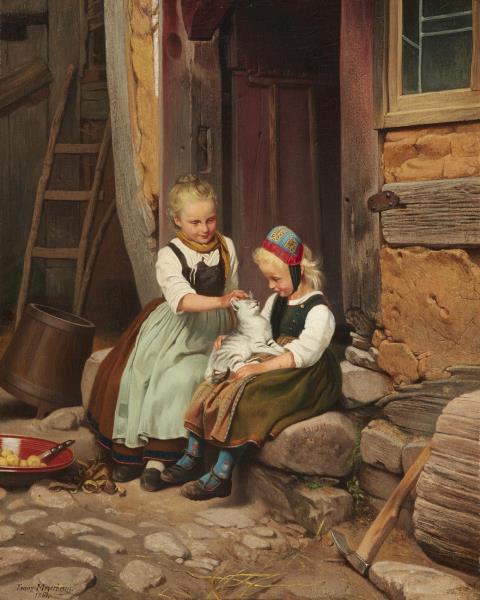 Franz Meyerheim - Two Peasant Girls with a Cat
