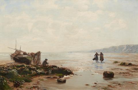 Eduard Spoerer - Breton Coastal Scene with a Fisher and Mussel Gatherers