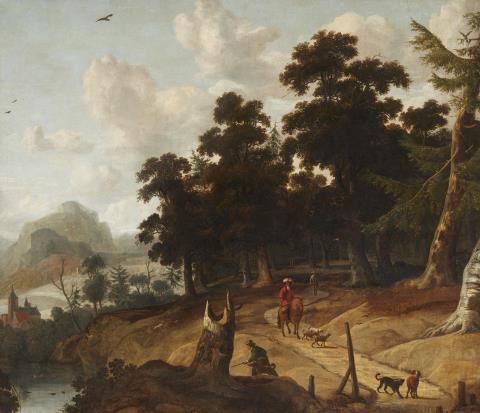 Jan Looten - Wooded Landscape with Hunters and Horsemen