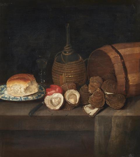 Niederländischer Meister um 1700 - Stillleben mit Austern, Brot und Weinflasche