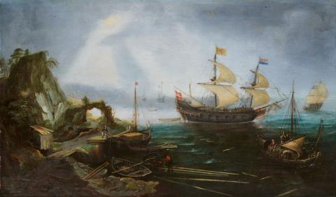 Cornelis Claesz van Wieringen - Coastal Landscape with a Warship at Anchor