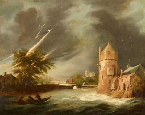 Meindert Hobbema - Stormy River Landscape with a Tower