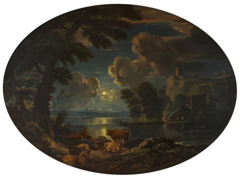 Pieter Mulier - Moonlit River Landscape with a Shepherd and his Flock