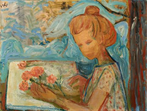 Otto Dix - Blondes Mädchen mit losen Blumen (am Tisch sitzend)