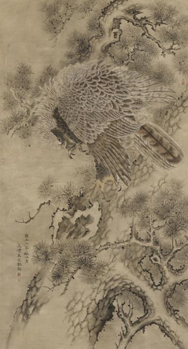 Ma Yuanqin . Dated 1724 - Eagle and pine. Hanging scroll. Ink and a few colours on paper. Inscription, dated Yongzheng er nian (1724), signed Ma Yuanqin and sealed Ma Yuanqin yin and Er Feng, one more se...