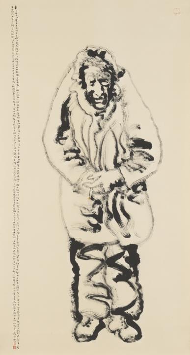 Swie Hian (Chen Ruixian) Tan - A portrait of Alberto Giacometti, based on a photography by Cartier-Bresson. Hanging scroll. Ink on paper. Inscription, dated 1987, signed Chen Ruixian and sealed Ruixian and tw...