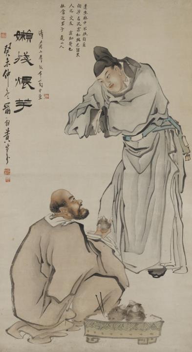 Shanshou Huang - The monk Lancan with roasted taro corms and the scholar Li Li. Hanging scroll. Ink and colour on paper. Inscription, dated cyclically guiwei (1883), signed Huang Shanshou, seale...