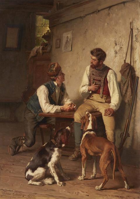 Théodore Gérard - Two Men with Dogs in an Interior