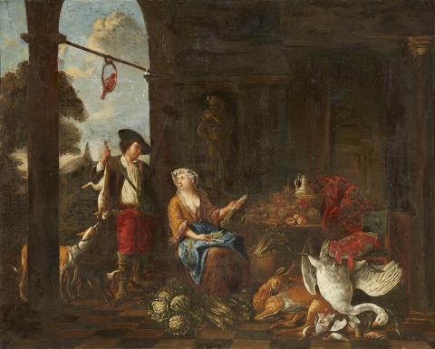 Bernaert de Bridt - Two Genre Scenes Hunter and Maid by a Palace Young Couple and an Old Woman by a Cottage