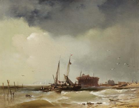 Charles Hoguet - Fisher Boats Landing on a Beach