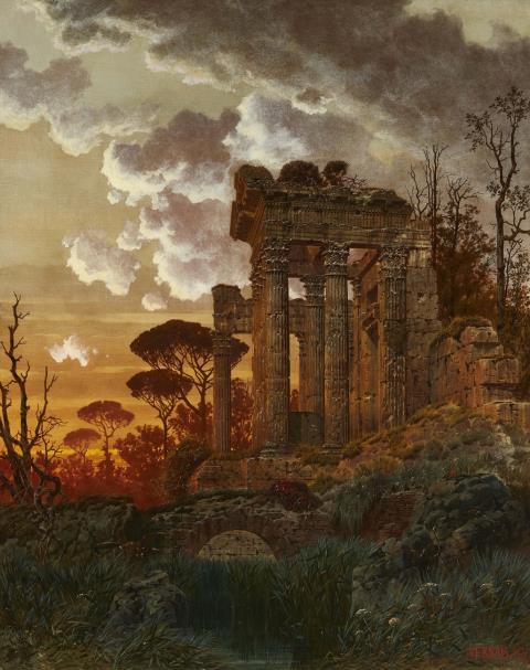 Ferdinand Knab - Evening Landscape with Ancient Temple Ruins