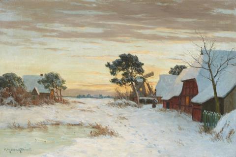 Paul Müller-Kaempff - Winter Landscape in Ahrenshoop with Cottages and a Windmill