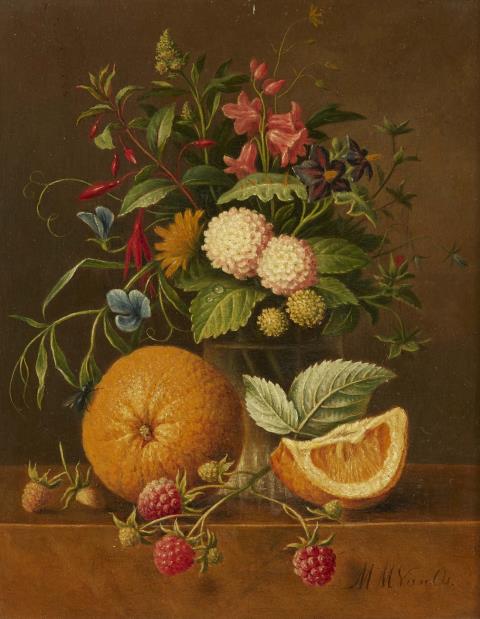 Maria Margaretha van Os - Stillleben mit Blumenvase, Apfelsinen und Himbeeren