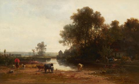 Rudolph Poeppel - River Landscape in Summer with a Cottage and Cattle