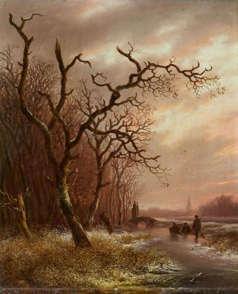 Andreas Schelfhout - Evening Winter Scene with Skaters