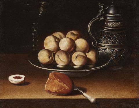  Hispano-Flämischer Meister - Stillleben mit Pfirsichen in einer Schüssel, Brot und einem Krug