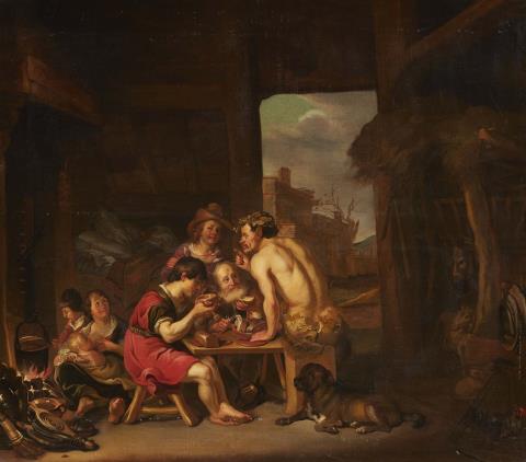 Holländischer Meister des 18. Jahrhunderts - Interieur mit Bauernfamilie und einem Satyr