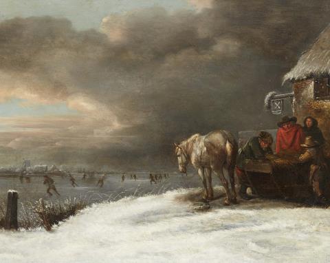 Klaes (Nicolaes) Molenaer - Winter Landscape with a Tavern and Skaters