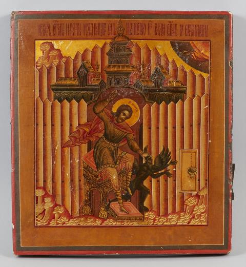 Russland 19. Jahrhundert - Ikone mit dem hl. Nikita, der den Teufel schlägt