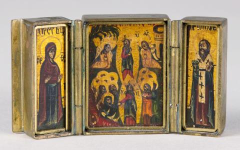 Russia wohl 19. Jahrhundert - Miniaturikone mit der Anastasis als Triptychon