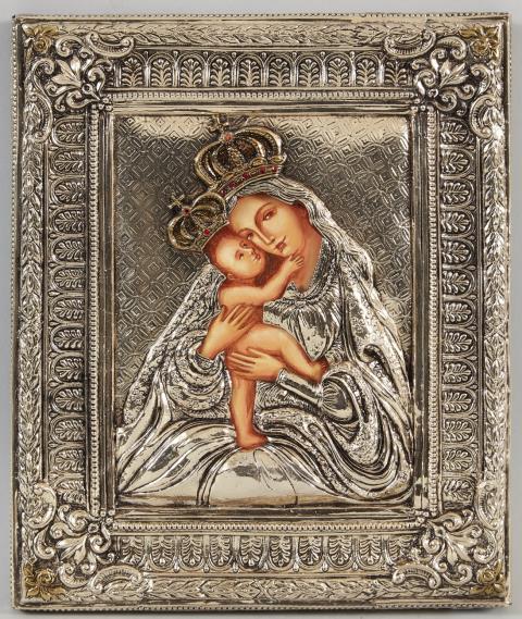 Wohl Russland 20. Jahrhundert - Ikone mit der Darstellung der Muttergottes mit Christuskind im Oklad