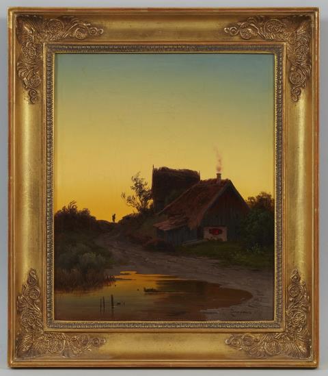 Anton Zwengauer - Landschaft mit Hütte im Sonnenuntergang