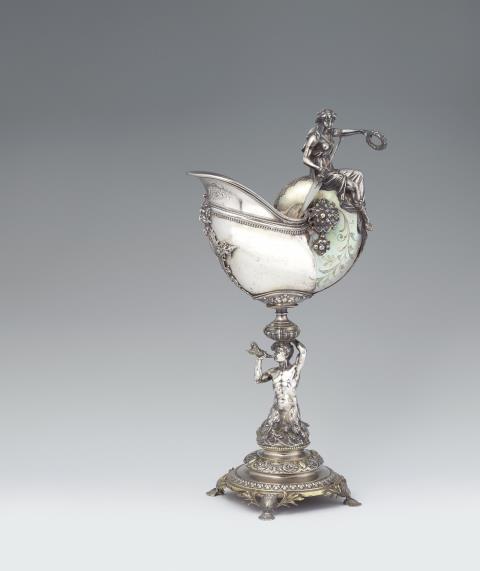 Eduard Wollenweber - A large Munich parcel gilt silver-mounted nautilus chalice