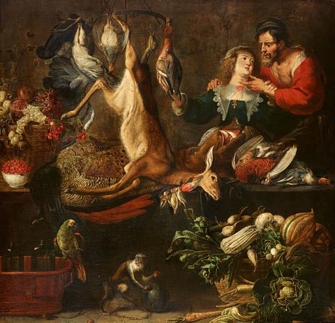 Frans Snyders, studio of - Large Still Life with a Couple, Game, Vegetables, Fruit, a Monkey, and a Parrot