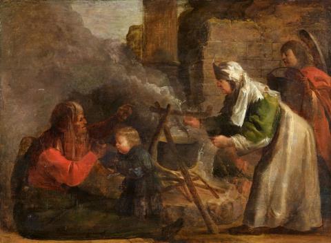 Jan van der Venne (Pseudo van der Venne) - Zubereitung einer Mahlzeit vor altem Gemäuer und einer Säule
