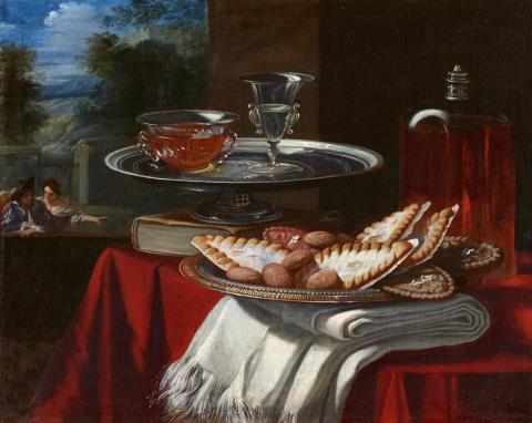 Pietro Francesco Cittadini - Stillleben mit angerichteten Süßigkeiten sowie gefüllten Gläsern vor einer Landschaft