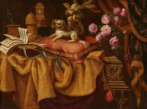 Antonio Tibaldi - Stillleben mit Silber, Süßigkeiten, Rosen, einer Gitarre und einem Hund auf einer drapierten Tischplatte