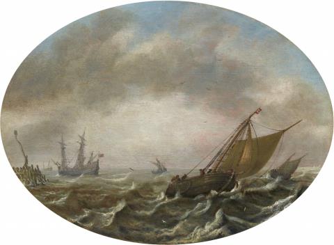 Justus de Verwer - Segelschiffe auf bewegter See in Küstennähe